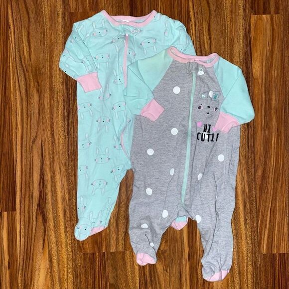5 For $25 Gerber Baby 2 Bunny Themed Zipper Footies Baby Size 0-3 Month - Picture 1 of 5